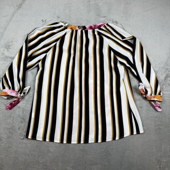 Fig & Flower Anthropologie Floral Boho Peasant Blouse Top Women's M White Stripe - Picture 2 of 8